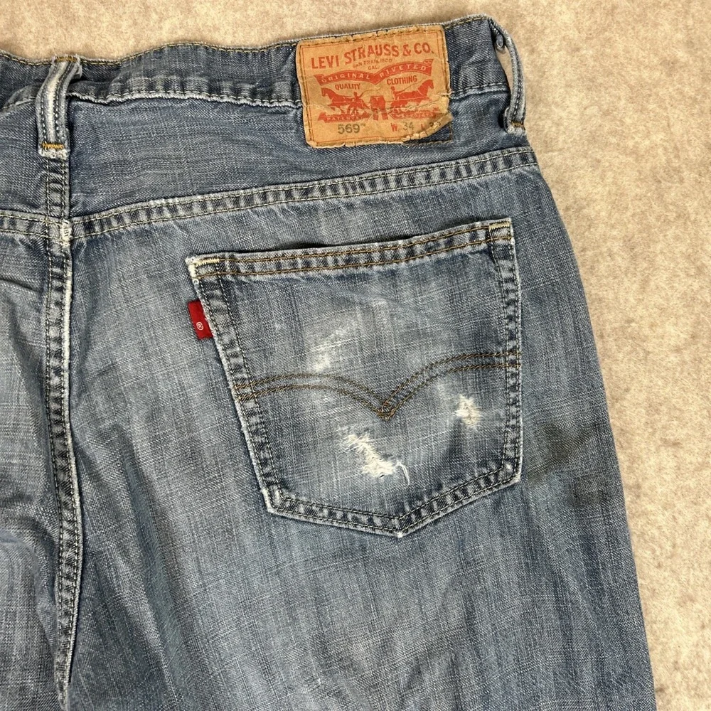 Levis 569 Loose Straight Mens Jeans 34x34 Light Wash Blue Distressed Baggy Denim